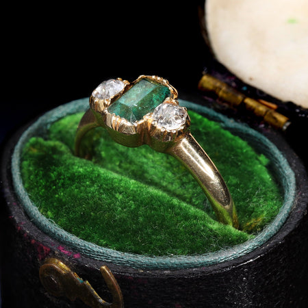 The Antique Victorian Emerald and Old Cut Diamond Ring - Antique Jewellers