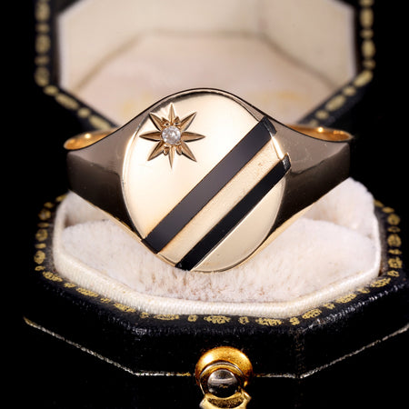 The Vintage Single Cut Diamond and Two Stripe Signet Ring