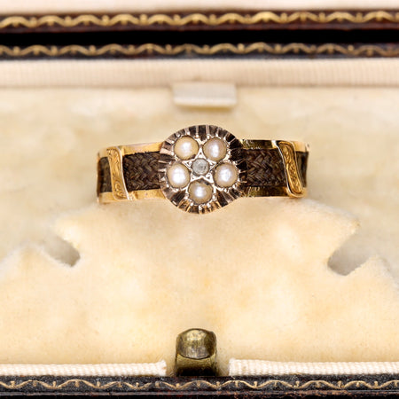 The Antique 1874 Pearl and Hairwork Mourning Ring - Antique Jewellers