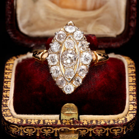 The Antique 1891 Old Cut Diamond Magnificent Navette Ring - Antique Jewellers