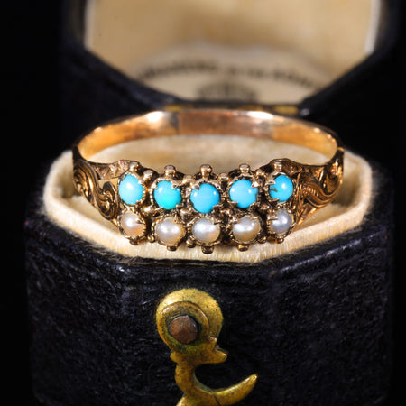 The Antique Victorian Turquoise and Pearl Double Row Ring