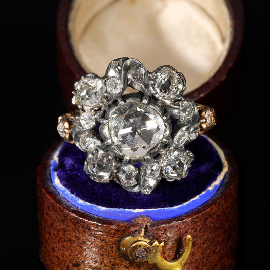 Georgian rose-cut diamond cluster ring in silver-topped gold, circa 1780, showing hand-cut rose-cut diamond facets