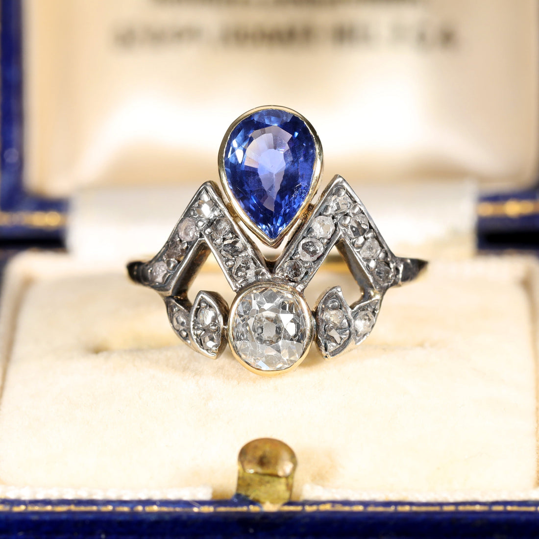 Antique sapphire and old-cut diamond tiara ring in 18ct gold