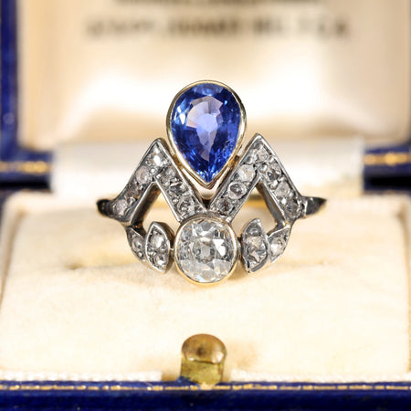 Antique sapphire and old-cut diamond tiara ring in 18ct gold