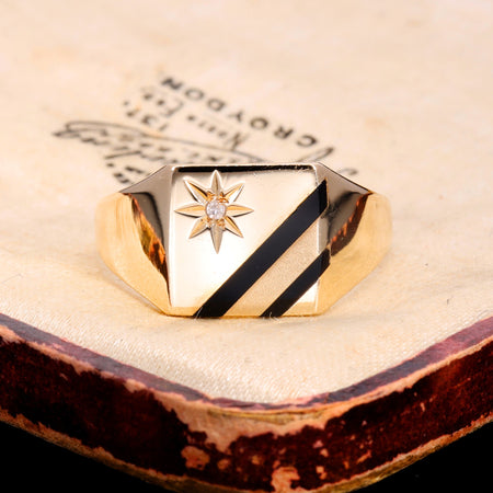 The Vintage 1988 9ct Gold Diamond And Enamel Signet Ring