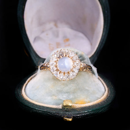 Front view of Victorian moonstone and old-cut diamond cluster ring in 18ct gold