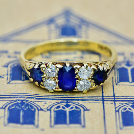 The Antique Edwardian Sapphire and Old Mine Cut Diamond Ring - Antique Jewellers