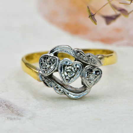 The Vintage 1966 Trio of Hearts Single Cut Diamond Ring - Antique Jewellers