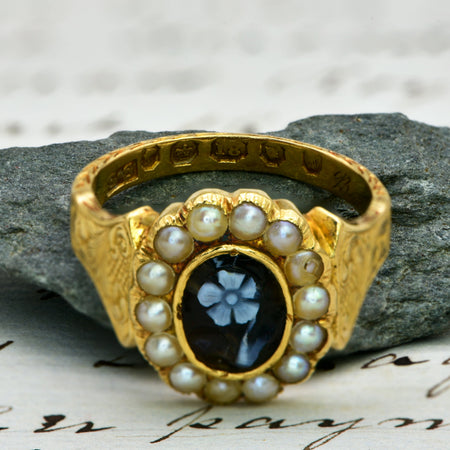 The Antique Victorian 1844 Floral Sardonyx and Pearl Ring - Antique Jewellers