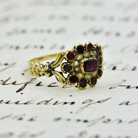 The Antique Georgian Garnet and Pearl Ornate Floral Ring - Antique Jewellers