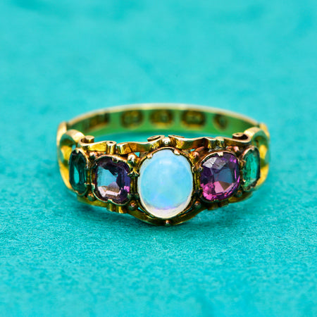 The Antique Victorian 1868 Exquisite Moonstone, Garnet and Emerald Ring - Antique Jewellers