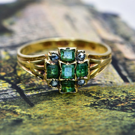 The Antique Victorian 1868 Leafy Green Emerald and Diamond Ring - Antique Jewellers