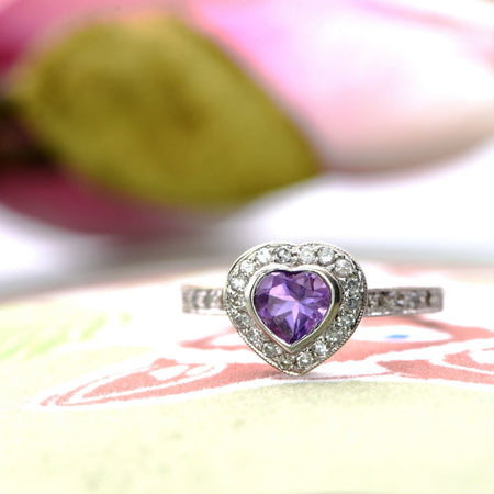 The Diamond Surrounded Amethyst Heart Ring - Antique Jewellers