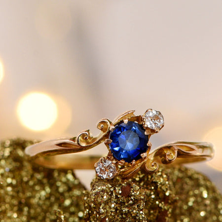 The Antique Victorian Diamond Flowers & Blue Sapphire Ring - Antique Jewellers