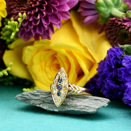 The Antique Edwardian 1905 Sapphire & Diamond Navette Gold Ring - Antique Jewellers