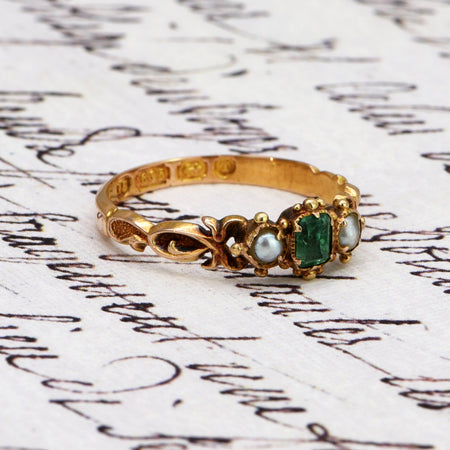 The Antique 1868 Victorian 15ct Gold Emerald and Pearl Ring - Antique Jewellers