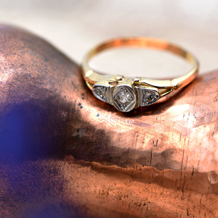 Bright Art Deco Design 3 Stone Diamond Engagement Ring, Vintage, 0.12ct, O - Antique Jewellers