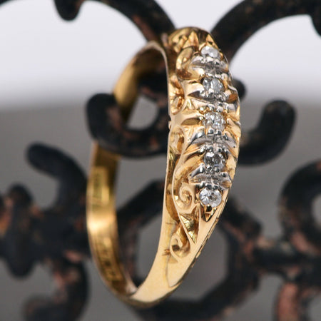 Carved Shoulder 5 Stone Antique Diamond Engagement Ring, Art Deco (1909-1914), N½ - Antique Jewellers