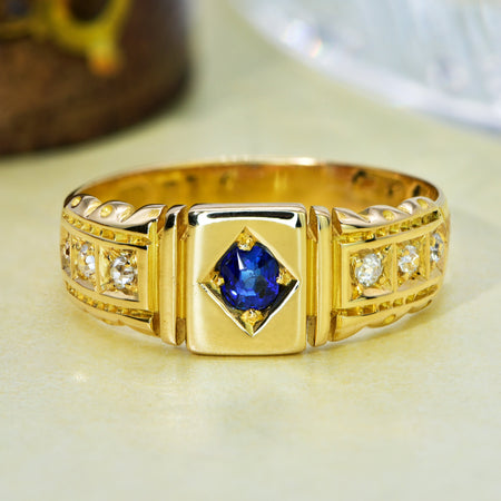 The Antique Victorian 1896 Sapphire and Old Mine Cut Diamond Ring - Antique Jewellers
