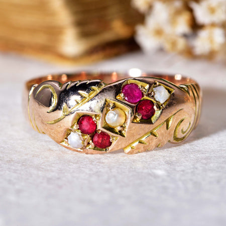 The Antique 1902 Pearl and Ruby Scroll Ring - Antique Jewellers