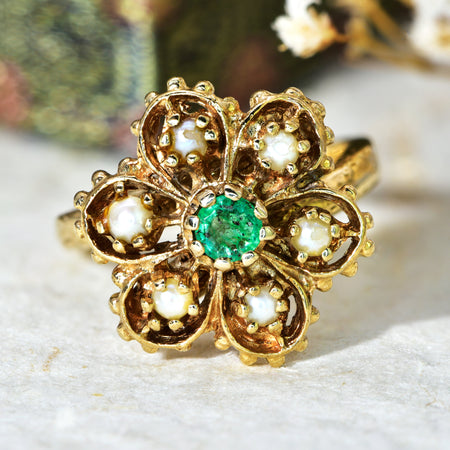 The Vintage Emerald and Split Pearl Elaborate Floral Ring - Antique Jewellers