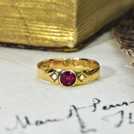 The Antique Victorian 1885 Ruby and Seed Pearl Ring - Antique Jewellers
