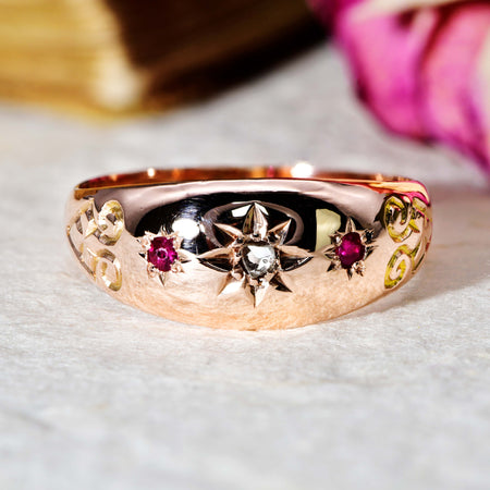 The Antique 1907 Old Cut Diamond and Ruby Celestial Ring - Antique Jewellers