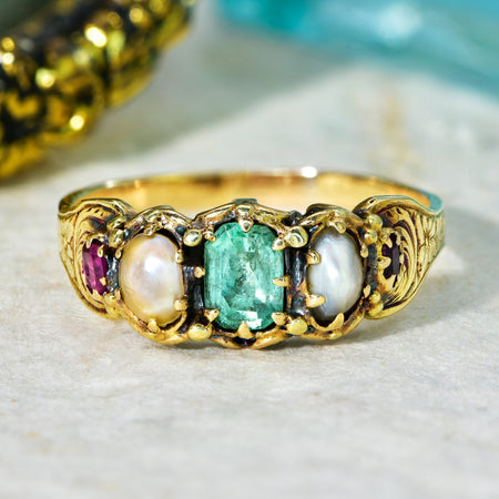 The Antique Victorian Emerald, Pearl and Ruby Ring - Antique Jewellers