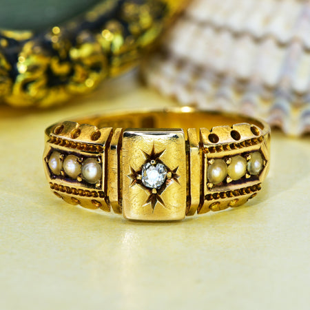 The Antique Victorian 1894 Pearl and Old Cut Diamond Geometric Ring - Antique Jewellers