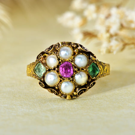 The Antique Victorian 1873 Ruby, Pearl and Emerald Cluster Ring - Antique Jewellers