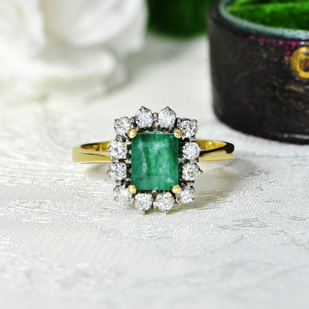 The Vintage 1989 Emerald and Brilliant Cut Diamond Classic Ring - Antique Jewellers