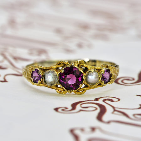 The Antique Victorian Garnet and Pearl Ring - Antique Jewellers