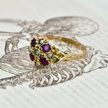 The Antique Early Victorian 1848 Pearl and Ruby Mourning Ring - Antique Jewellers