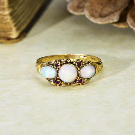 The Antique 1917 Trilogy Opal and Ruby Gold Ring - Antique Jewellers