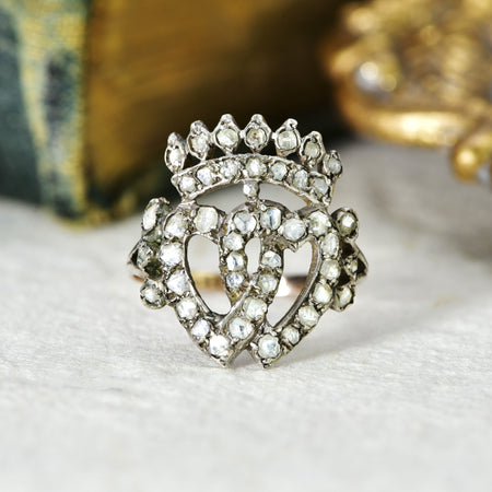 The Antique Victorian Rose Cut Diamond Two Hearts and Crown Ring - Antique Jewellers