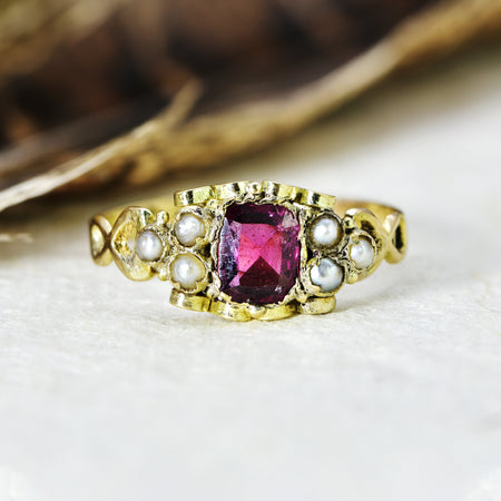 The Antique Victorian 1866 Nautical Garnet & Seed Pearl Ring - Antique Jewellers