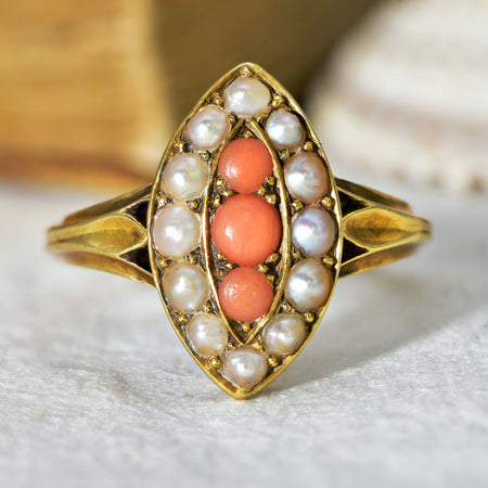 The Antique Late Victorian Coral and Pearl Navette Ring - Antique Jewellers