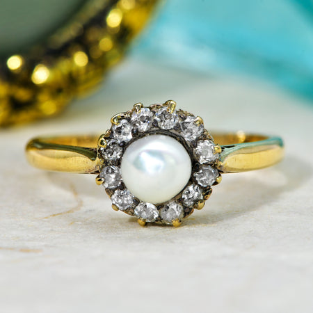 The Antique Victorian Old Cushion Cut Diamond and Pearl Ring - Antique Jewellers