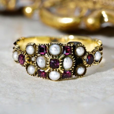 The Early 19th Century Antique Seed Pearl and Garnet Cluster Ring - Antique Jewellers