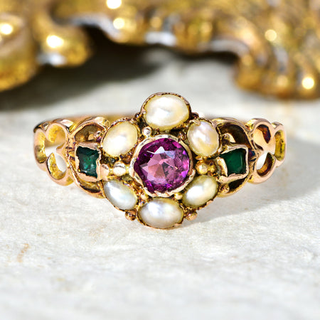 The Antique 1864 Victorian Garnet, Pearl and Emerald Flower Ring - Antique Jewellers