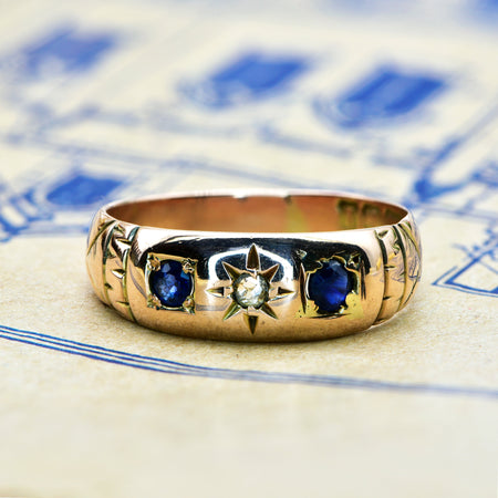 The Antique Edwardian 1910 Sapphire and Old Mine Cut Diamond Ring - Antique Jewellers