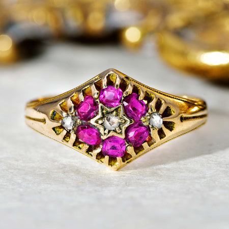 The Antique Victorian 1876 Ruby and Diamond Starlet Ring - Antique Jewellers