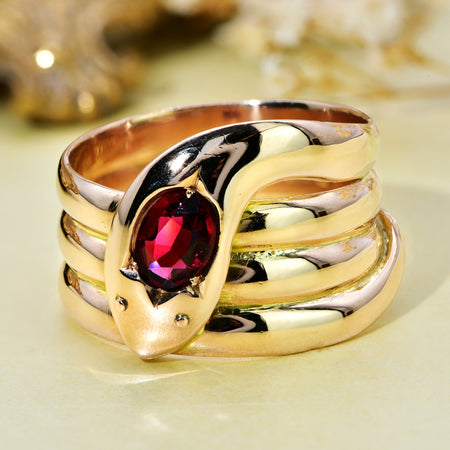 The Antique 1918 Rose Gold and Garnet Snake Ring - Antique Jewellers