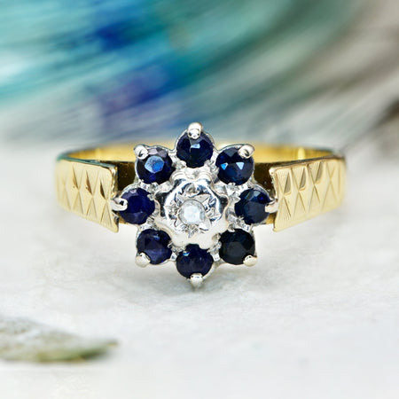 The Vintage 1976 Sapphire and Single Cut Diamond Floral Ring - Antique Jewellers