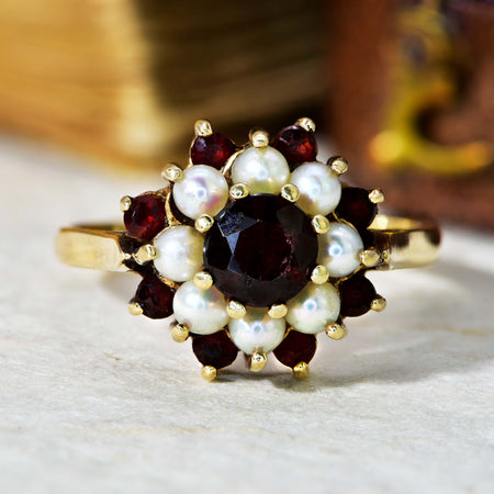 The Vintage 1978 Garnet and Pearl Cluster Ring - Antique Jewellers