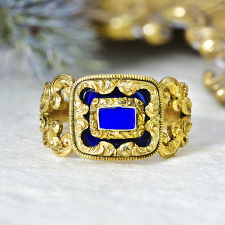 The Antique Georgian 1827 Ornate Gold & Enamel Ring - Antique Jewellers