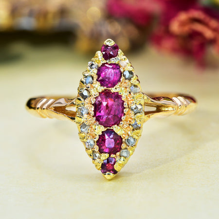 The Antique Edwardian 1902 Ruby and Diamond Marquise Ring - Antique Jewellers