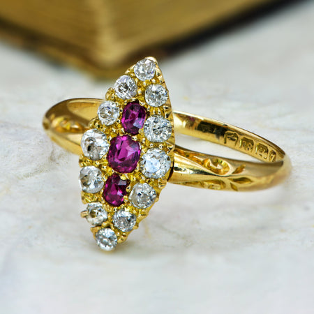 The Antique 1899 Victorian Navette Ruby and Diamond Ring - Antique Jewellers