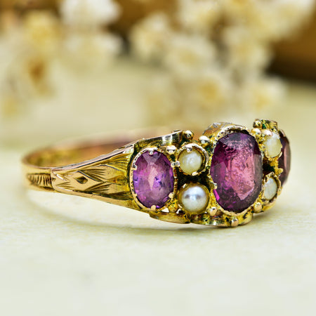 The Antique 1869 Victorian Garnet and Pearl Ring - Antique Jewellers