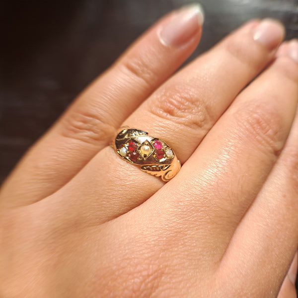 The Antique 1902 Pearl and Ruby Scroll Ring - Antique Jewellers
